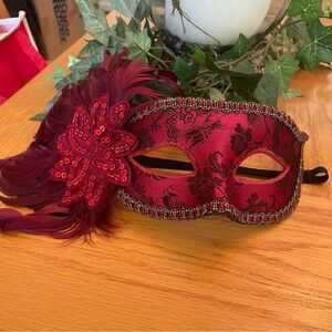 Red Flower Feather Masquerade Mask